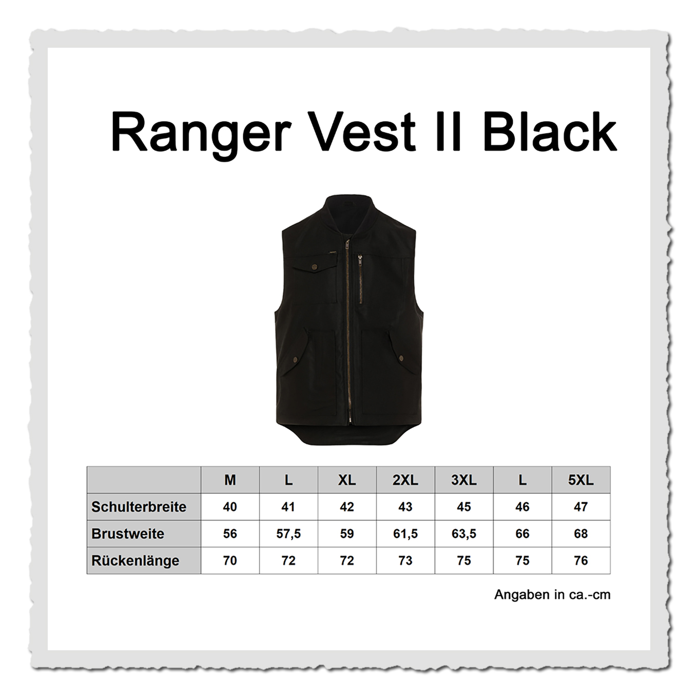Masstabelle zur Ranger II Vest mit Größen-Grafik und freigestellter Weste vor hellem Hintergrund